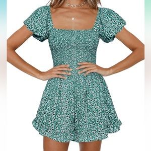 Floral Square Neck Smocked Romper Puff Sleeve Wide Leg 💚🌸